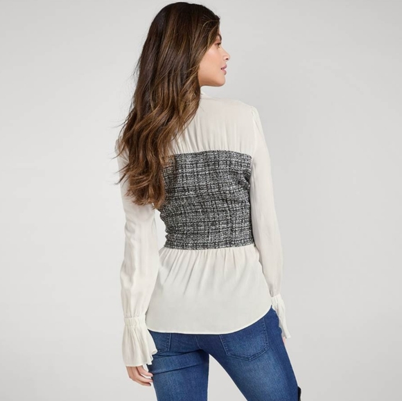 Womans Tweed Bustier Blouse with Pearl Detail Buttons - Picture 3 of 7